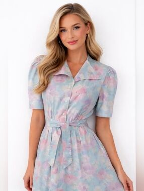 Vtg 80s Lili Richard's‎ Aqua Lavendar Pink Floral Button Down Floral Dress